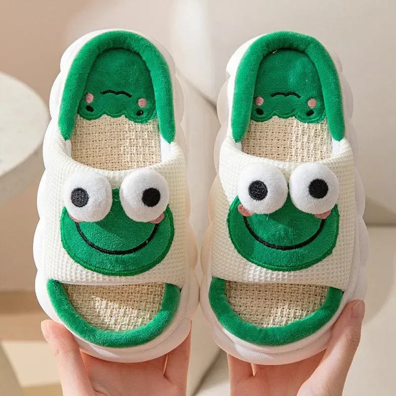 Color: light green, Shoe Size: 40-41 - Women Cartoon Frog Slippers Winter Warm Indoor Home Slides Linen Thick Sole Couple Slipper Bedroom Anti Slip Shoes Sandals