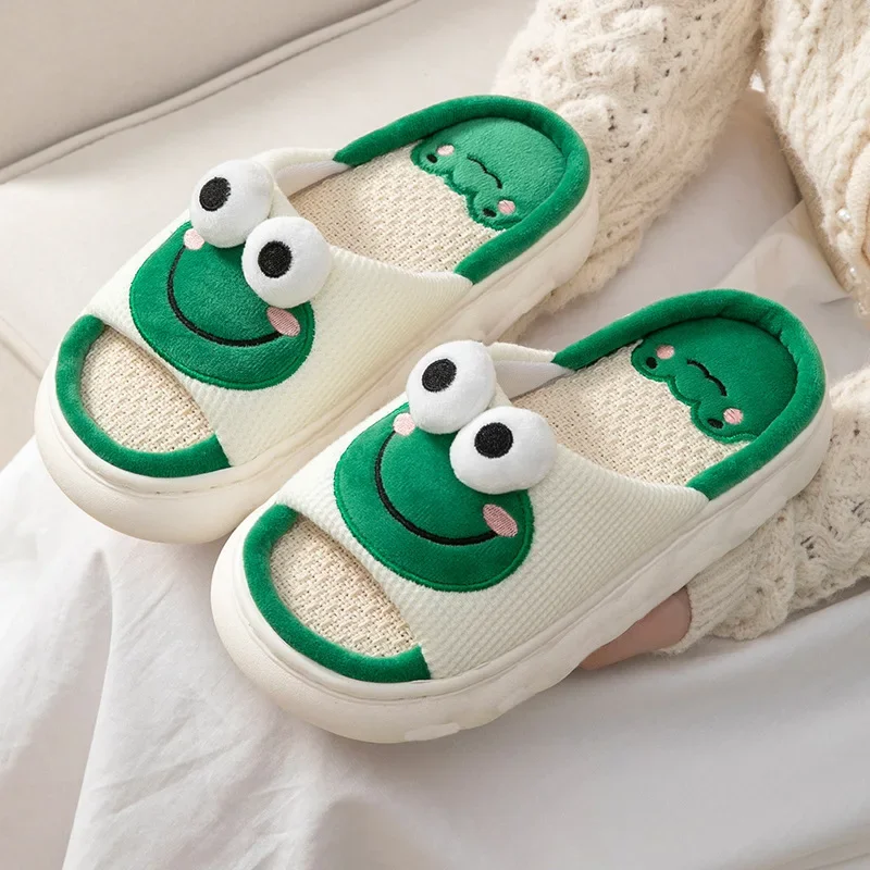 Color: light green, Shoe Size: 40-41 - Women Cartoon Frog Slippers Winter Warm Indoor Home Slides Linen Thick Sole Couple Slipper Bedroom Anti Slip Shoes Sandals