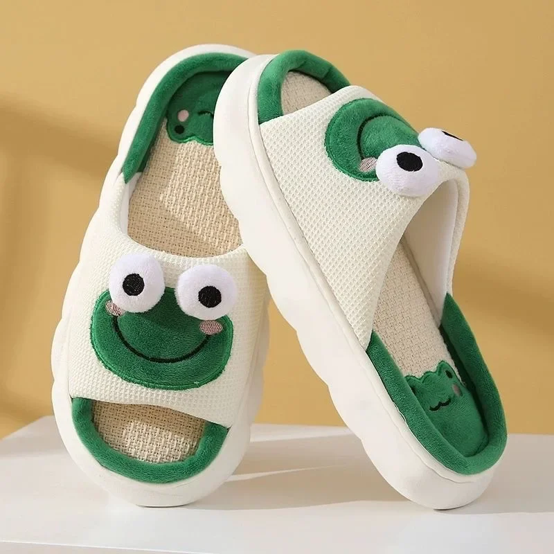 Color: light green, Shoe Size: 40-41 - Women Cartoon Frog Slippers Winter Warm Indoor Home Slides Linen Thick Sole Couple Slipper Bedroom Anti Slip Shoes Sandals