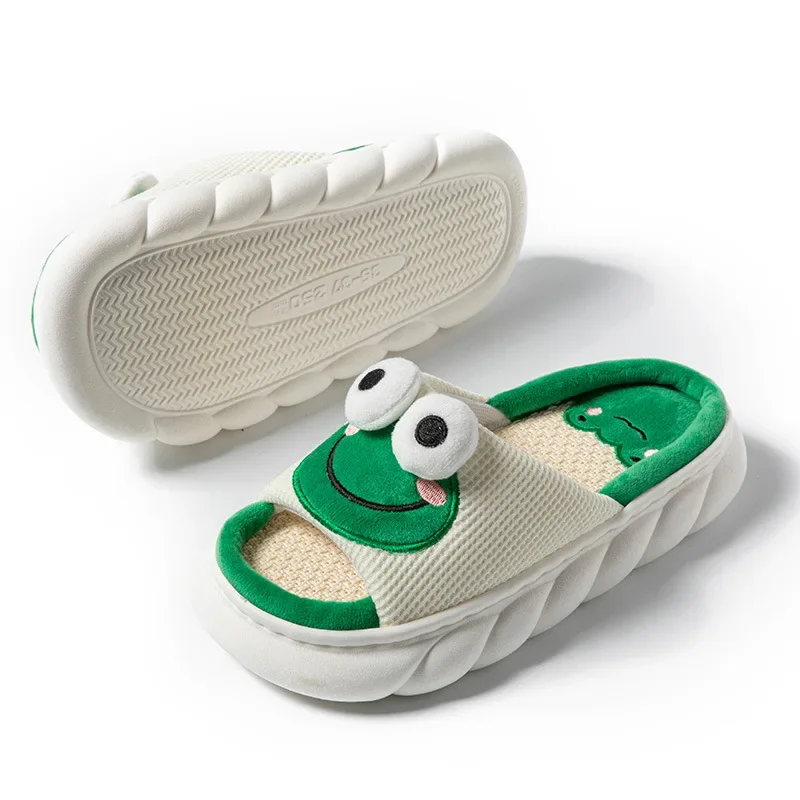 Color: light green, Shoe Size: 40-41 - Women Cartoon Frog Slippers Winter Warm Indoor Home Slides Linen Thick Sole Couple Slipper Bedroom Anti Slip Shoes Sandals