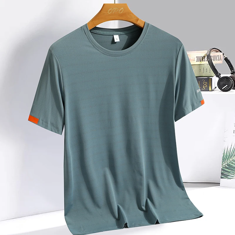 Color: Khaki, Size: XXL - Men's Silk Ice Round Collar T-shirt, Simple Running Fitness Suit, Breathable Thin T-shirt, Quick Dry T-shirt, Summer