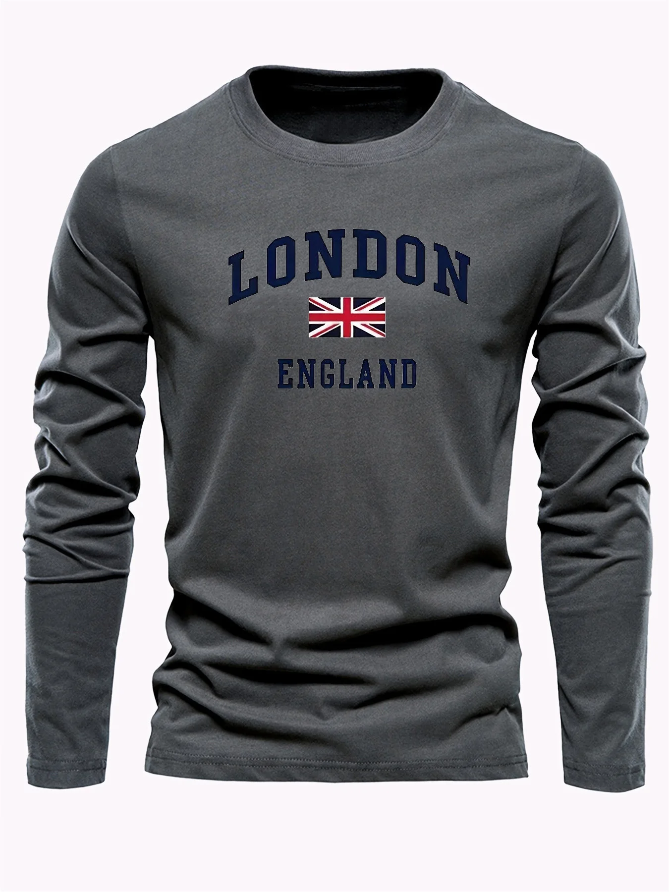 Color: Dark Grey, Size: M - Spring and Autumn 100% Cotton Men's London ENGLAND Letter Printed Loose Sport and Leisure Round Neck Long Sleeve T-shirt