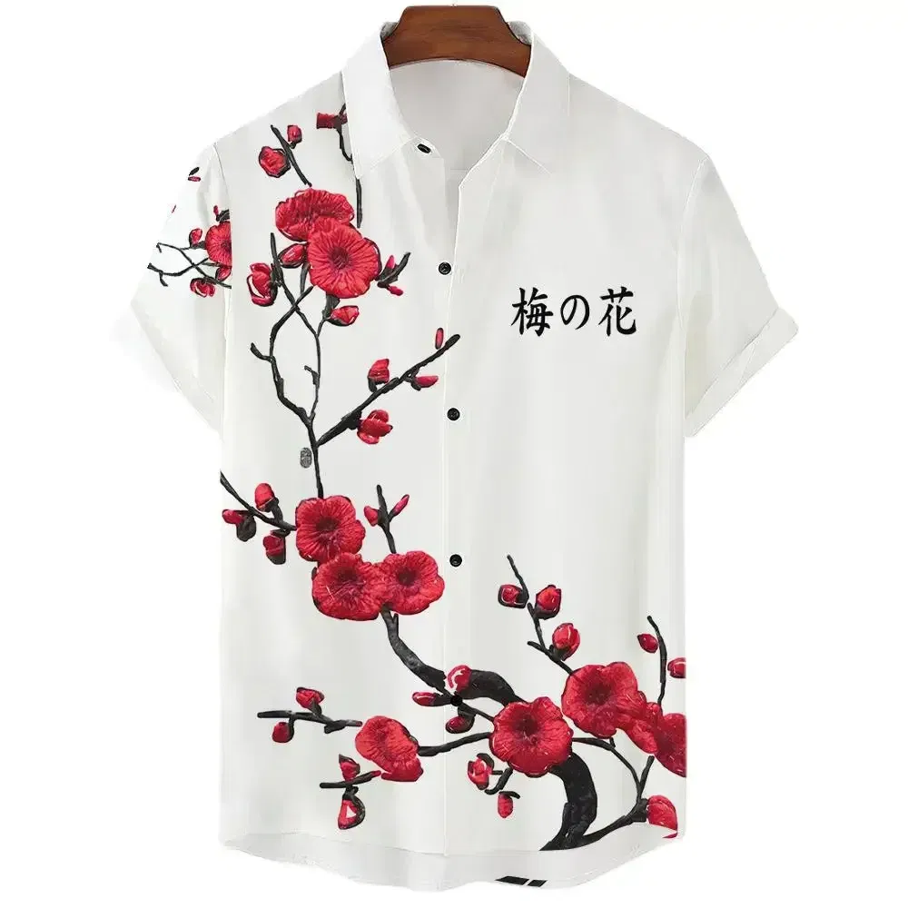 Color: green, Size: L - Fashionable Luxury Social men's Shirt Lapel button-down Shirt Casual Japanese Aesthetic Cherry Blossom Print short-sleeved Tops