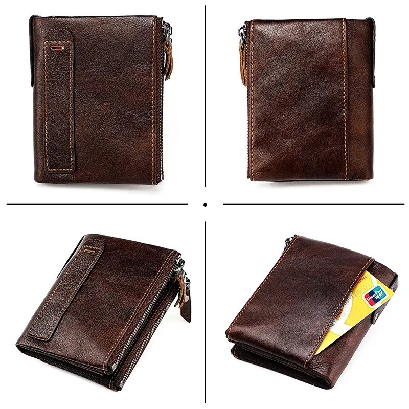 Color: GRAY - Genuine Leather Short Men RFID Wallets Name Engraving Leather Card Holder Brand Men Purse Retro Coin Pocket Zipper Male Wallet