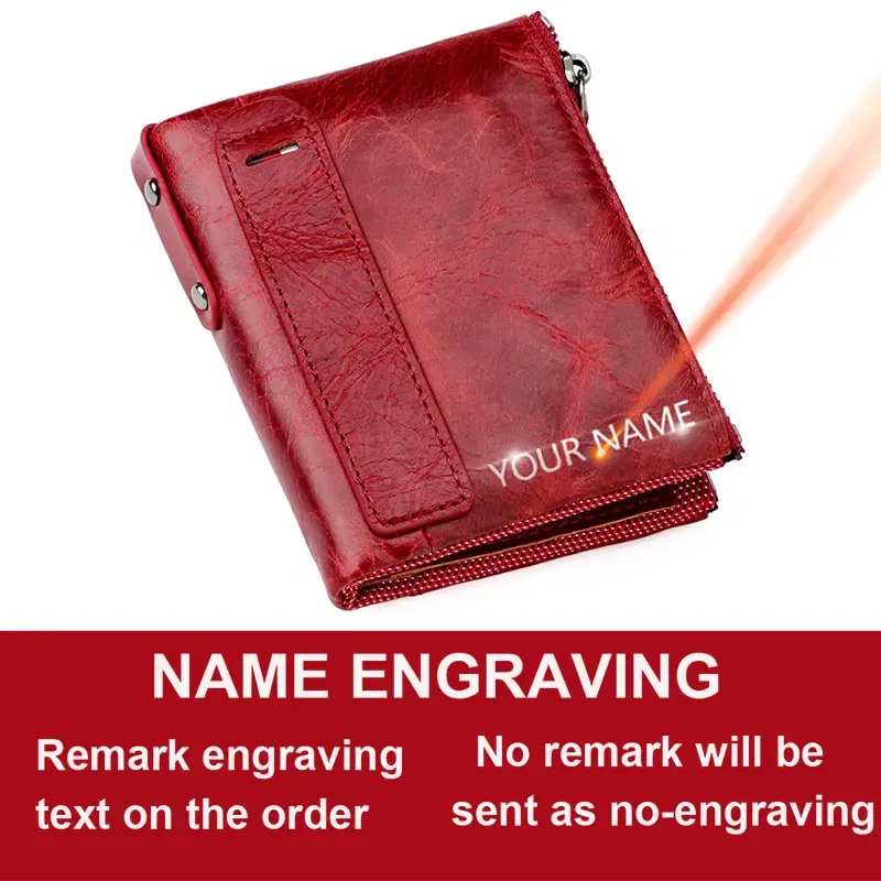 Color: GRAY - Genuine Leather Short Men RFID Wallets Name Engraving Leather Card Holder Brand Men Purse Retro Coin Pocket Zipper Male Wallet