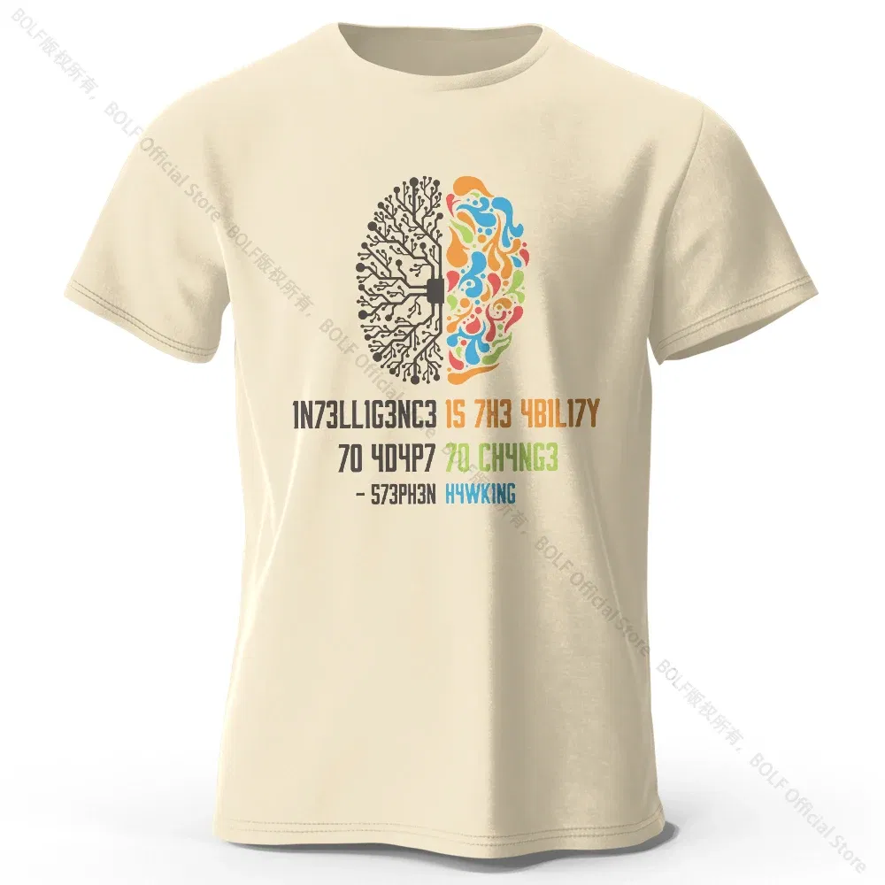 Color: Beige, Size: XXXL - Funny Brain Power Printed 100% Cotton T-Shirt, Soft & Breathable Round Neck Short Sleeve Tee, Unisex Quirky Style