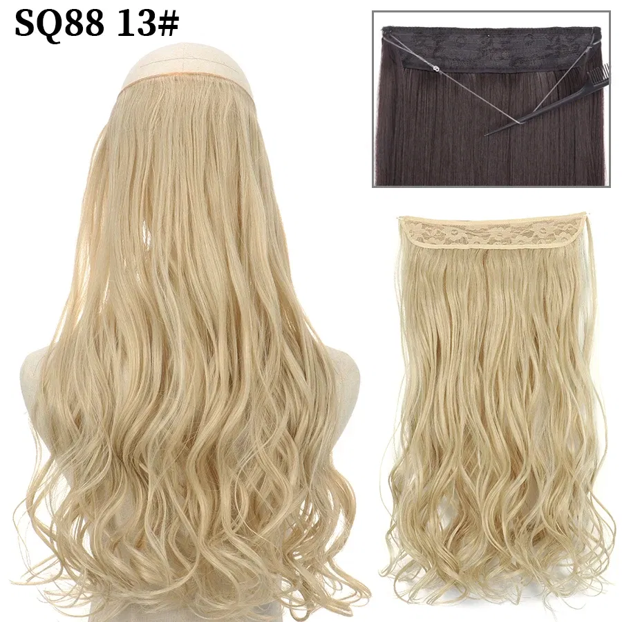 Color: P1B/27, Stretched Length: 16inches, Ships From: CHINA - Synthetic Natural Wavy No Clip Fish Line Invisible Hair Extensions Mixed Color Blonde Black Artificial False Hair Piece ForWomen