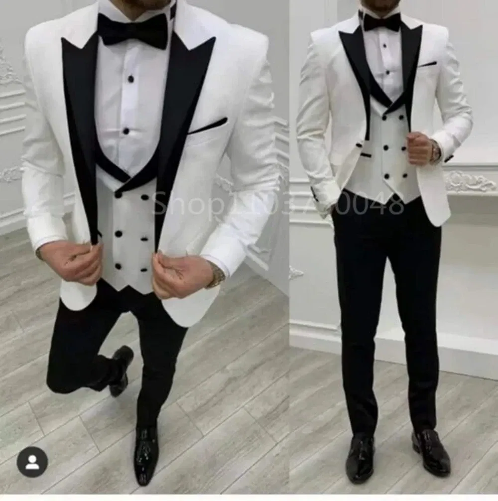 Color: Gold, Size: XXL - White Men Business Suits Wedding Suit Peak Lapel One Button Blazer Groom Tuxedos 3 Pcs Set Dress Jacket Vest Trousers