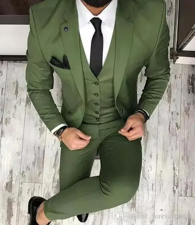 Color: army green, Size: S - Latest Olive Green Men Suits for Groom 3 Piece Classic Wedding Tuxedo Notched Lapel Best Man Slim Fit Blazer trajes de hombre