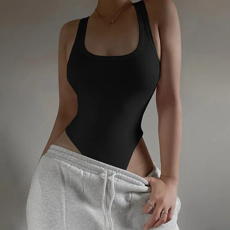 Color: Khaki, Size: M - Sleeveless Knit Bodysuit for Women, Off Shoulder Halter Tops, Casual Street Bodycon, Sexy Clubwear, Hot Summer, 2024