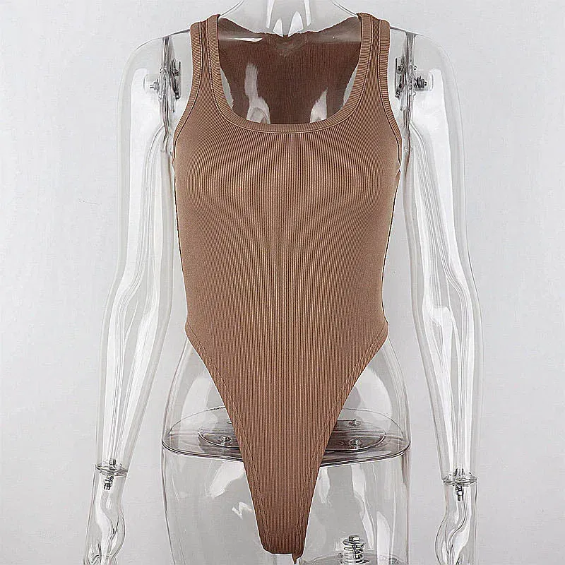 Color: Khaki, Size: M - Sleeveless Knit Bodysuit for Women, Off Shoulder Halter Tops, Casual Street Bodycon, Sexy Clubwear, Hot Summer, 2024