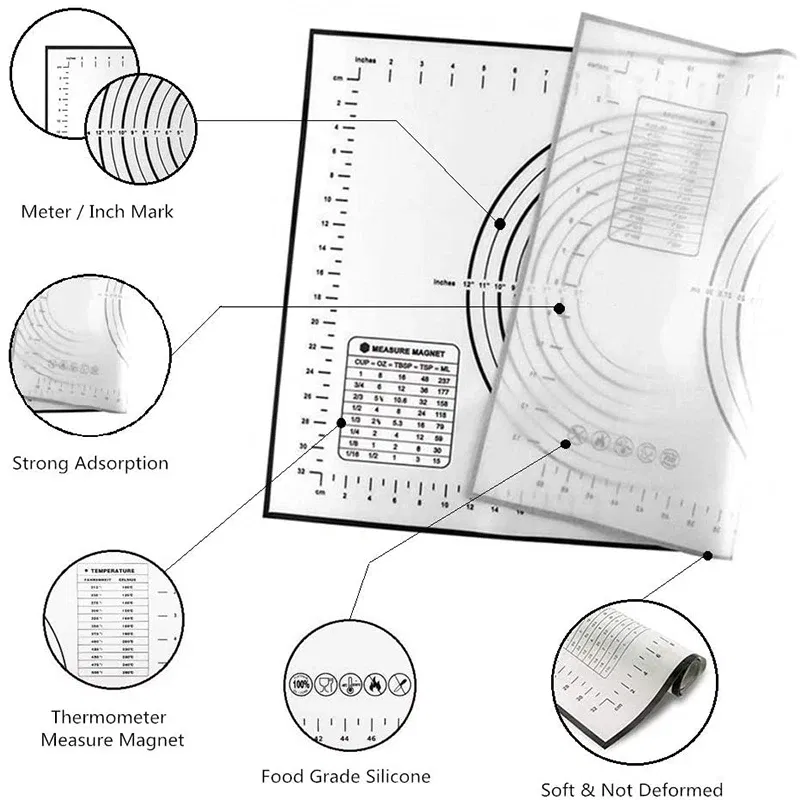 Color: Burgundy, Size: L - Large Size Silicone Kneading Pad Non-Stick Surface Rolling Dough Mat With Scale Kitchen Cooking Pastry Sheet Oven Liner Bakeware