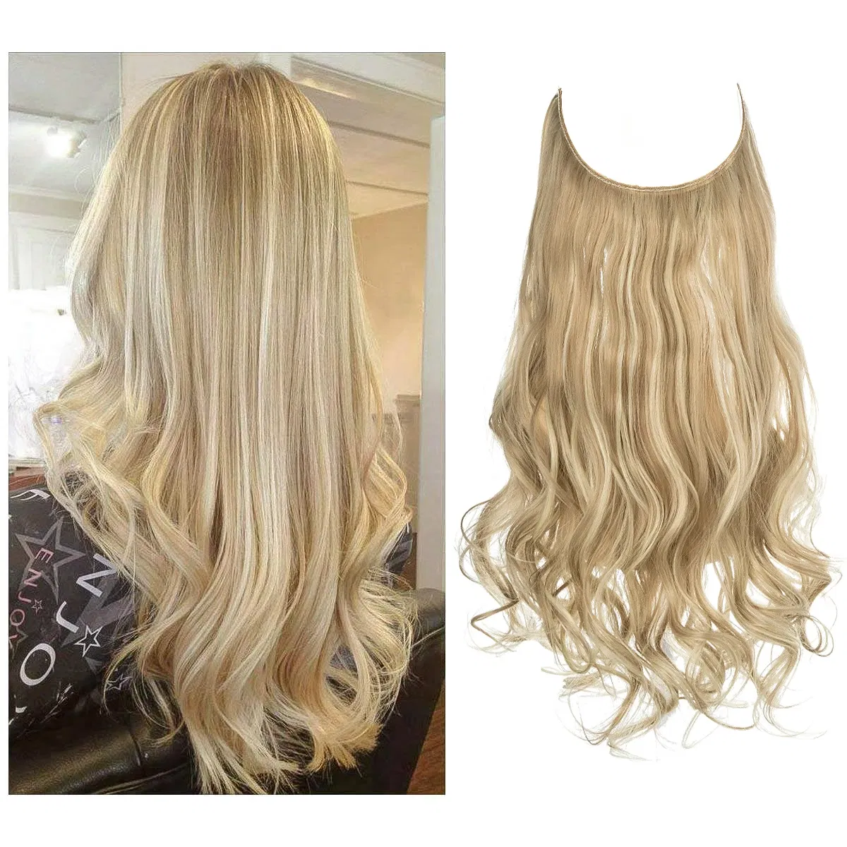 Color: P18/22, Stretched Length: 18inches - Synthetic No Clip Wave Hair Extensions Ombre Natural Black Blonde Pink One Piece False Hairpiece Fish Line Fake Hair Piece