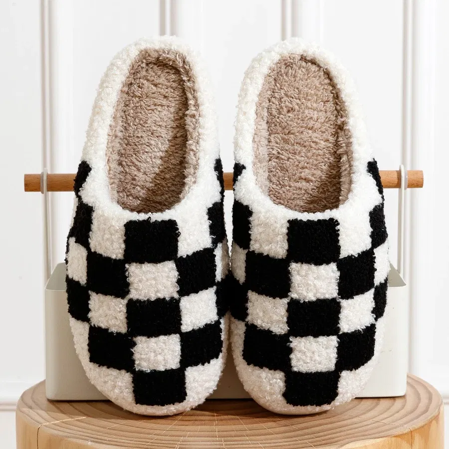 Color: Pink, Shoe Size: 5 - New Fuzzy Slippers Fashion Checker Indoor Embroidery Houseshoes Cozy Woman Winter Fluffy House Retro Checkered Print Shoes