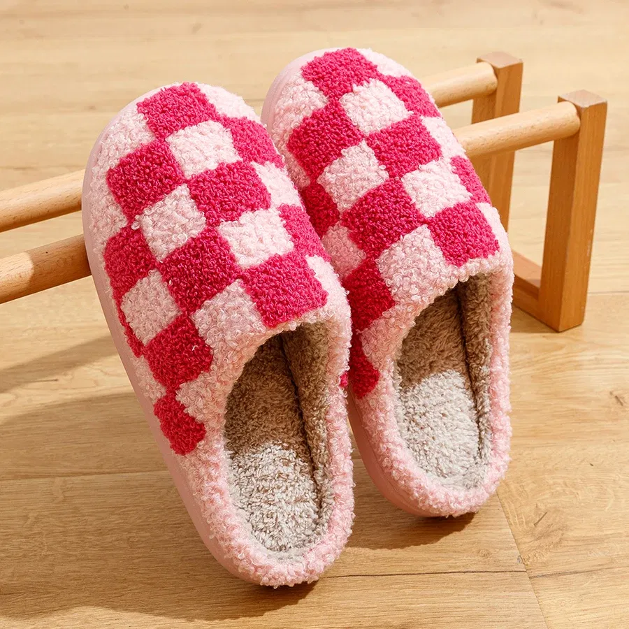 Color: Pink, Shoe Size: 5 - New Fuzzy Slippers Fashion Checker Indoor Embroidery Houseshoes Cozy Woman Winter Fluffy House Retro Checkered Print Shoes