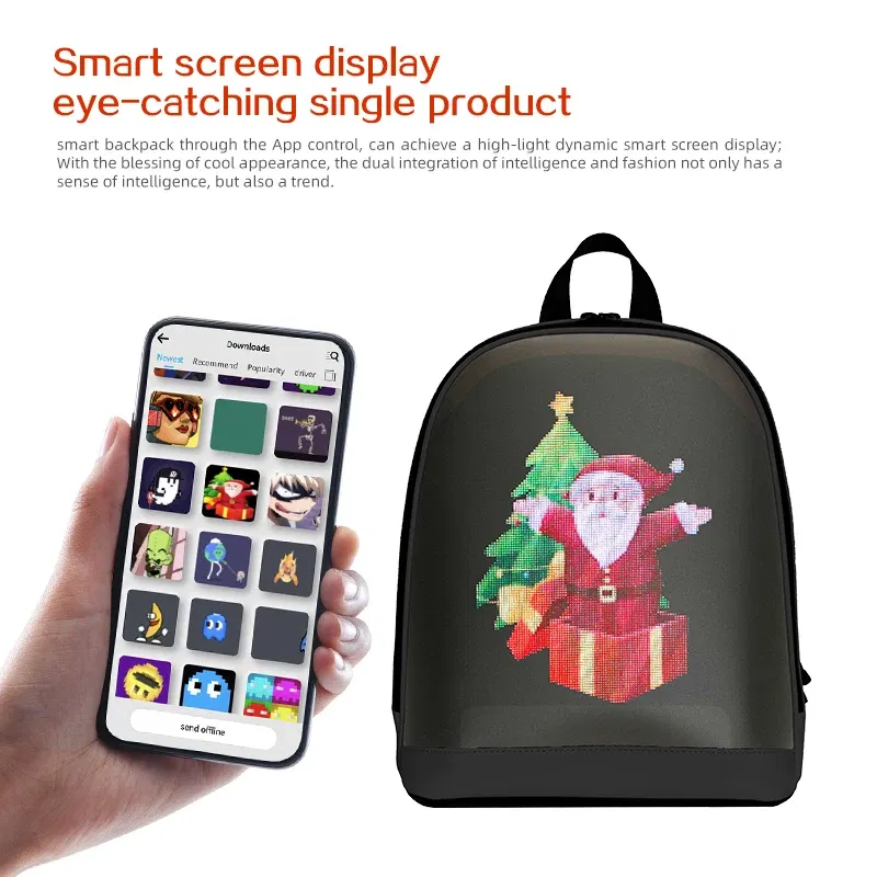 Color: black - School Backpack Led Screen Cell Phone Programming DIY Pattern Lightweight Hard Case  Women Travel Backpack College Backpacks
