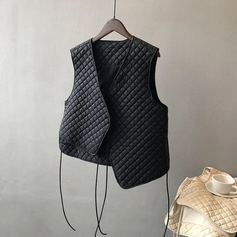 Color: black, Size: M - Women Clothes Fashion Casual Diamond Check Cotton Vest 2024 Winter New Girl Temperament Korean style Loose Casual Padded Vest