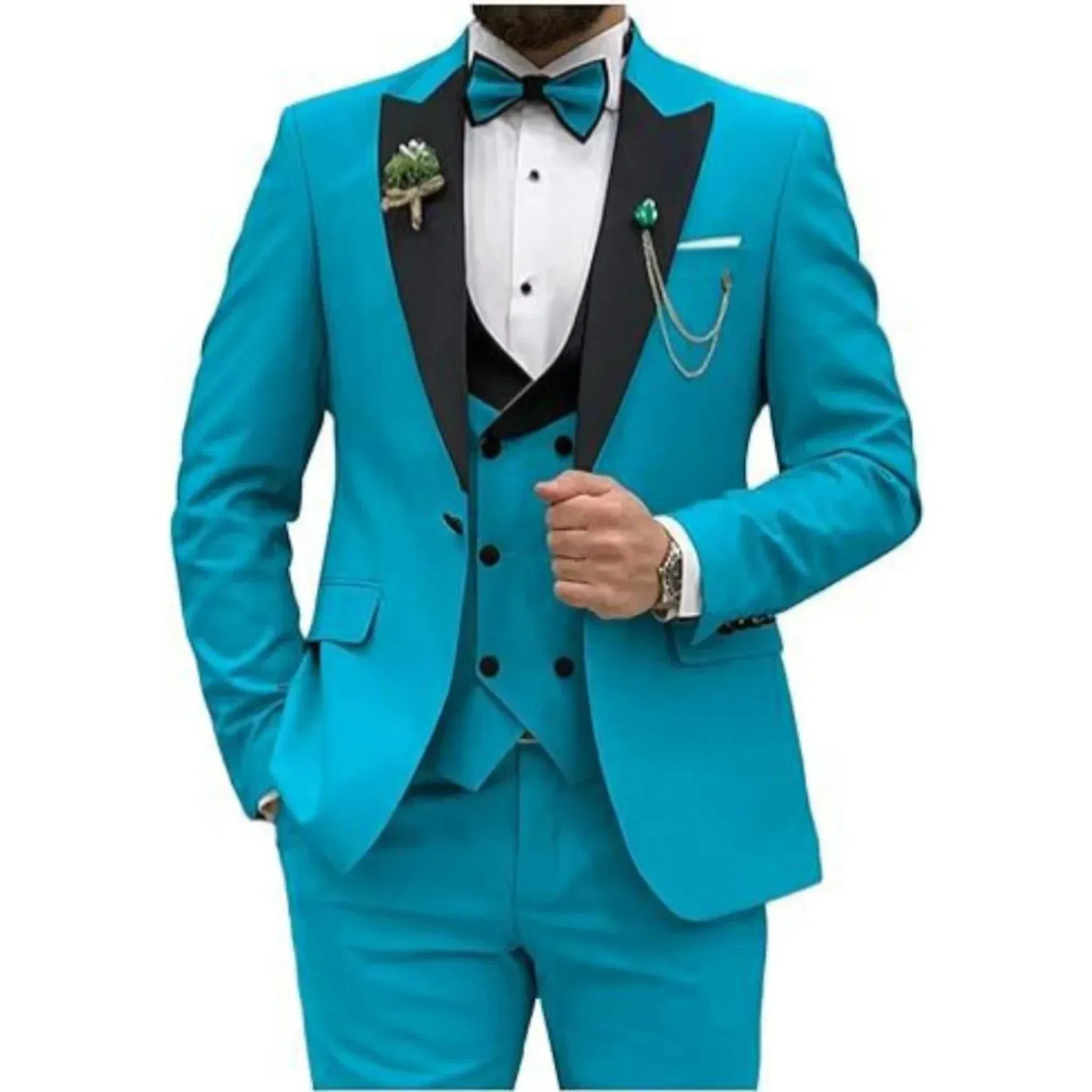 Color: SKY BLUE, Size: L - Men Suit Colorful Luxury Blazer Vest And Pant Sets 3 Piece Birthday Dress Business Prom Evening Party Costumes High Quality