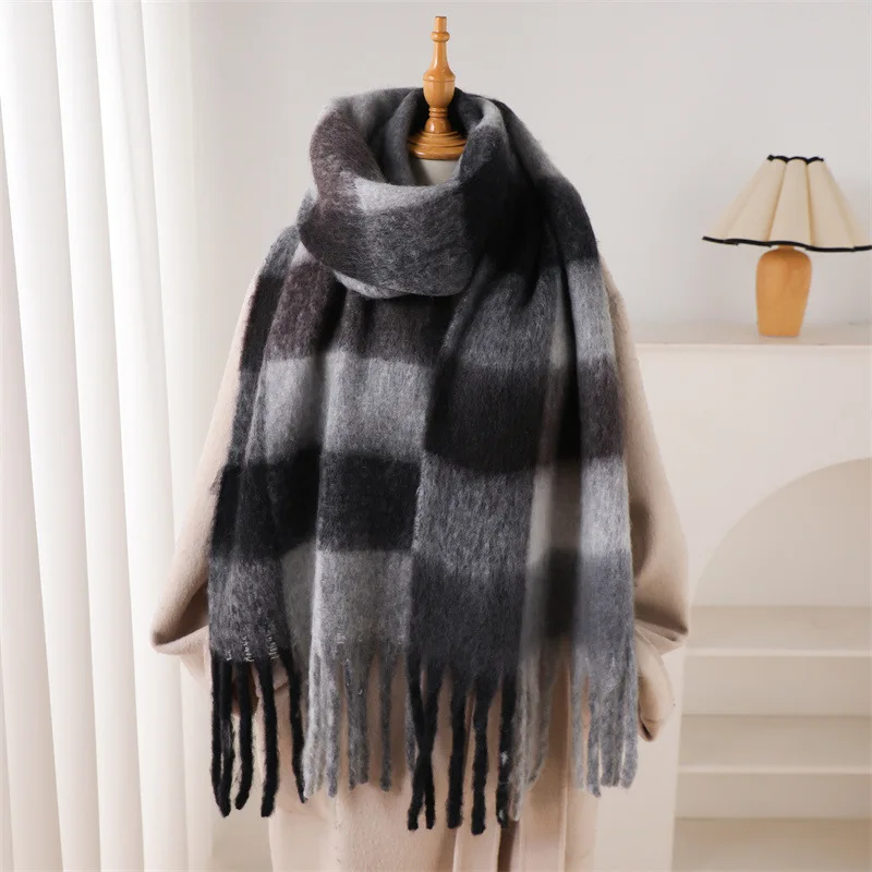 Color: GRAY, Size: One Size - 2025 NEW Luxury Cashmere Women Plaid Scarf Winter Warm Shawl and Wrap Bandana Pashmina Long Tassel Female Foulard Thick Blanket