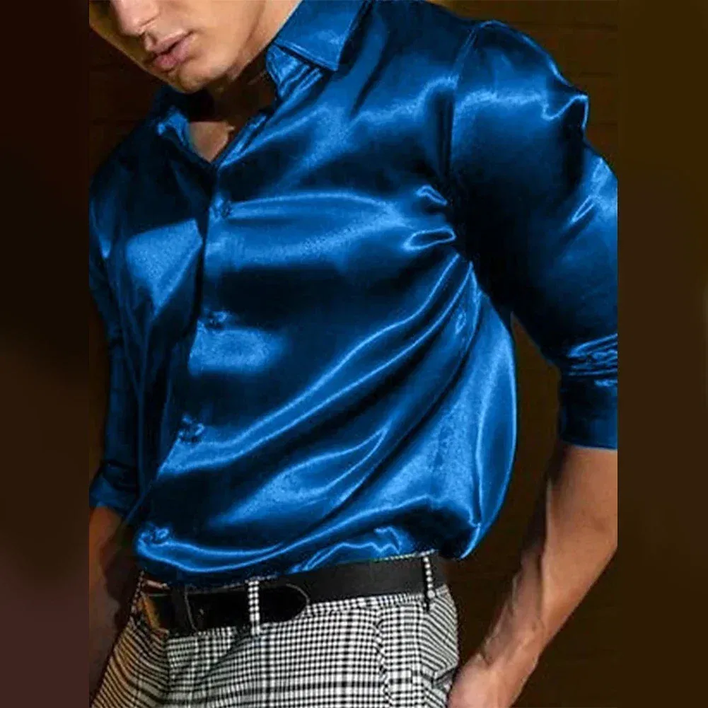 Color: WHITE, Size: XL, Ships From: CHINA - Casual Men's Satin Silk Dress Shirts Long Sleeve Social Single Breasted Button Turn-Down Collar Shirts Wedding Party Men Clothes