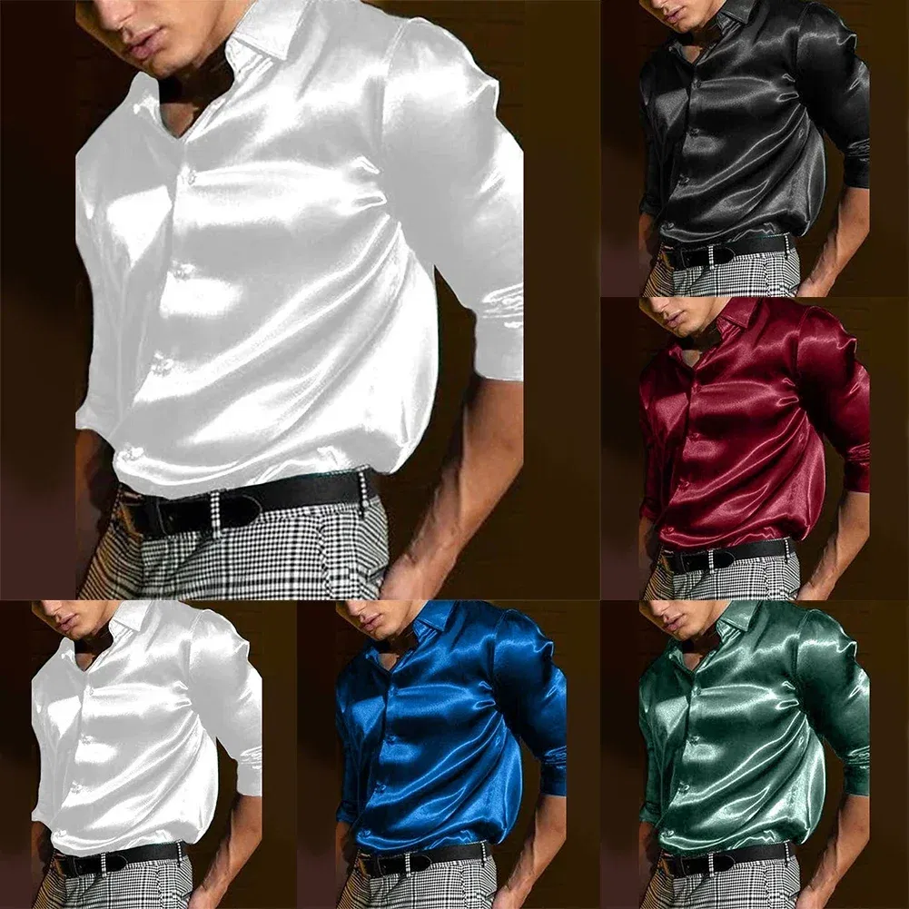 Color: WHITE, Size: XL, Ships From: CHINA - Casual Men's Satin Silk Dress Shirts Long Sleeve Social Single Breasted Button Turn-Down Collar Shirts Wedding Party Men Clothes