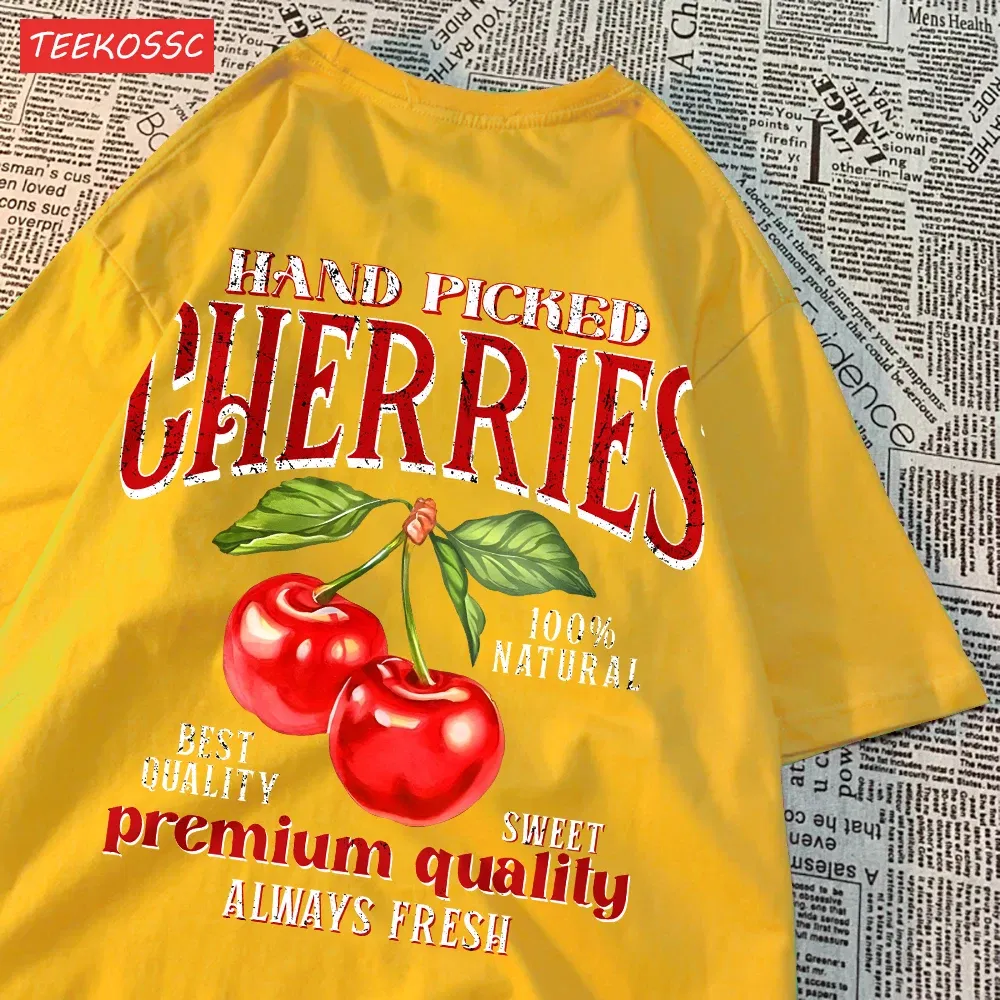 Color: Brown, Size: L - Summer Lemon Cherries Prints T-Shirts Cotton Women's Tops Oversize O-Neck Soft Short Sleeve tees Street Casual Womans Clothes
