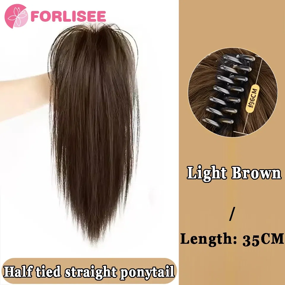 Color: NC/4HL - Synthetic Tassel Bow Claw Clip Ponytail Temperament Slightly Curly Hair Natural Heat-resistant Chemical Fiber Wig Ponytail