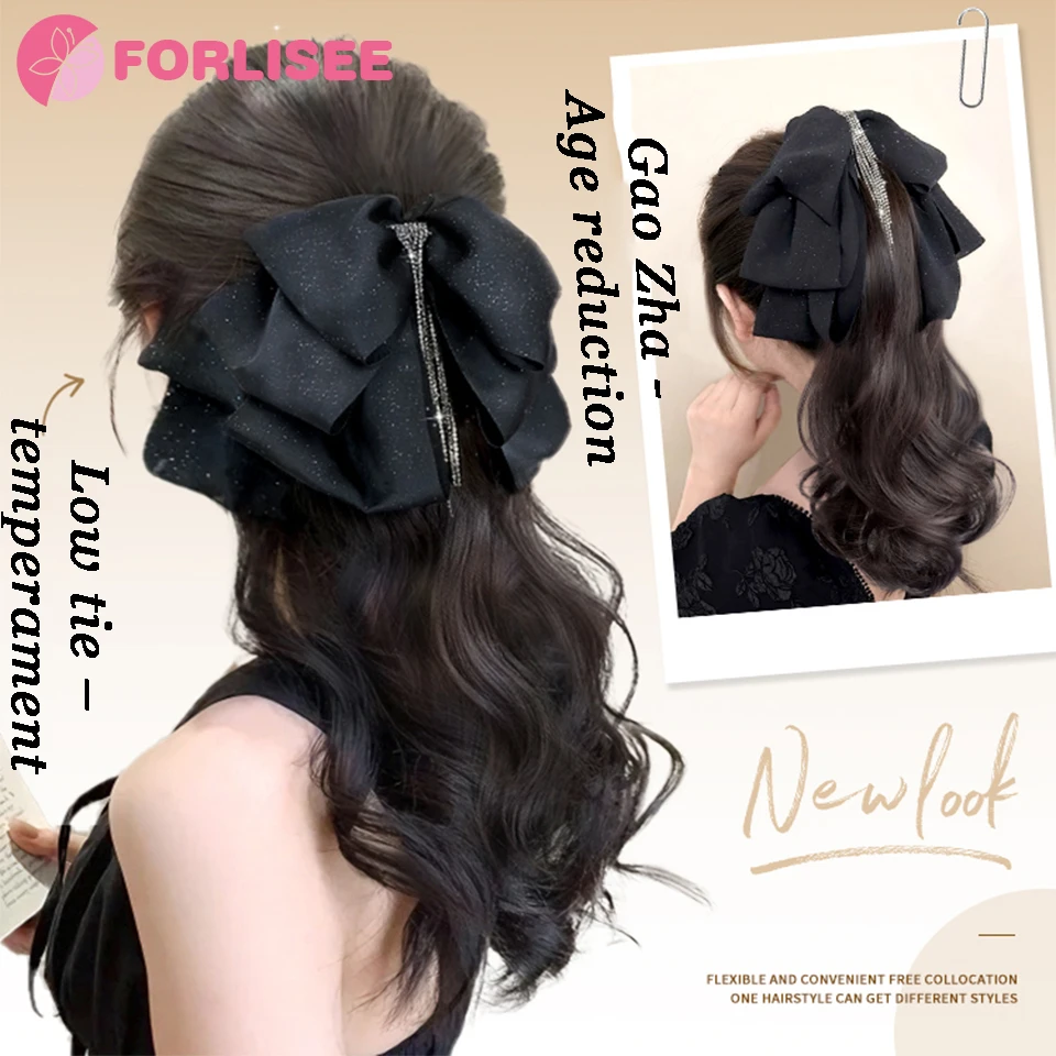 Color: NC/4HL - Synthetic Tassel Bow Claw Clip Ponytail Temperament Slightly Curly Hair Natural Heat-resistant Chemical Fiber Wig Ponytail