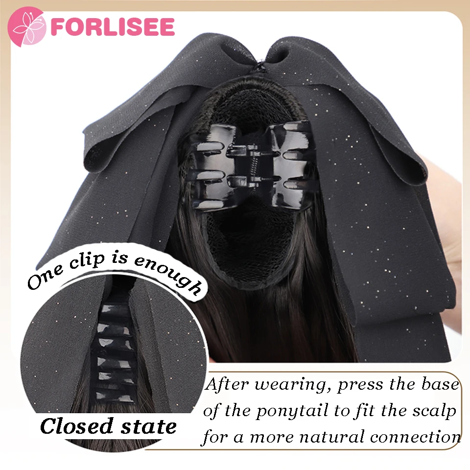 Color: NC/4HL - Synthetic Tassel Bow Claw Clip Ponytail Temperament Slightly Curly Hair Natural Heat-resistant Chemical Fiber Wig Ponytail