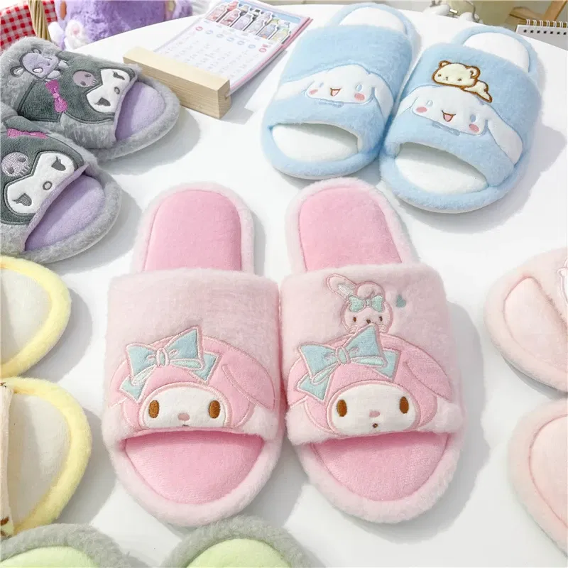 Color: Lake Blue, Shoe Size: 36 - Japanese Anime Slippers Cartoon Open Toe Sweet Girly Indoor Home Plush Shoes Flat Non-slip Casual Girl Spring Autumn Kawaii