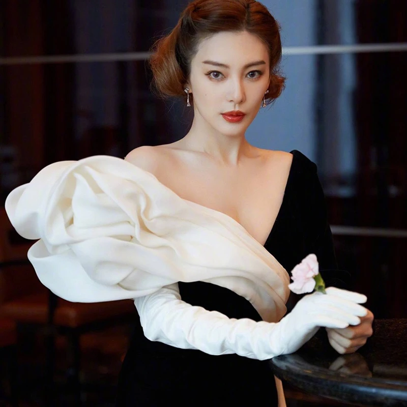 Color: WHITE, Gloves Size: 5 - 50cm New Genuine Leather White Women's High Grade Party Mittens Sheepskin Lady Winter Velvet long Gloves Creamy Ivory Snow White