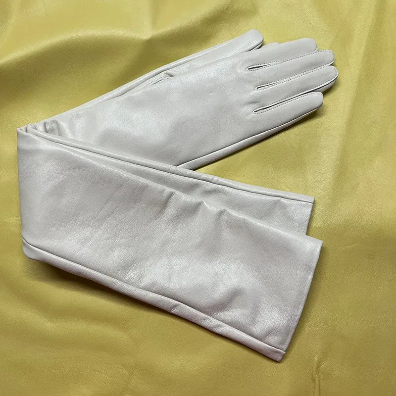 Color: WHITE, Gloves Size: 5 - 50cm New Genuine Leather White Women's High Grade Party Mittens Sheepskin Lady Winter Velvet long Gloves Creamy Ivory Snow White