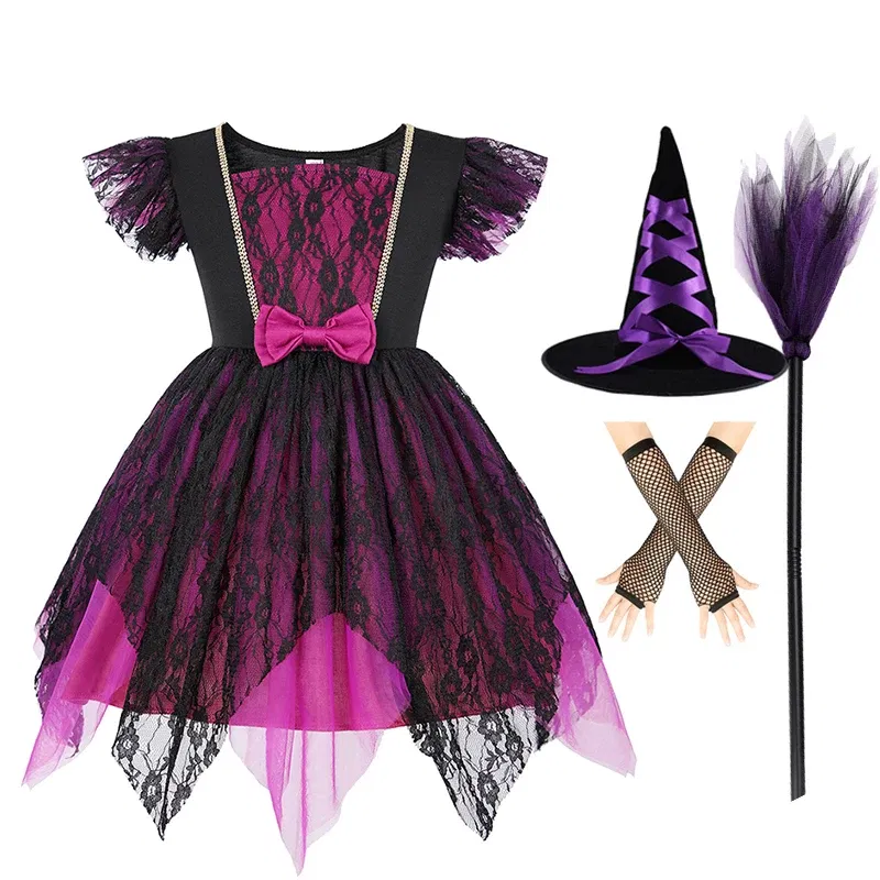 Color: Chocolate, Kid Size: 9 - Halloween Witch Tutu Dress for Girls Handmade Mesh Bat Wizard Cosplay Costumes with Hat Broom Toddler Evil Party Clothes Set