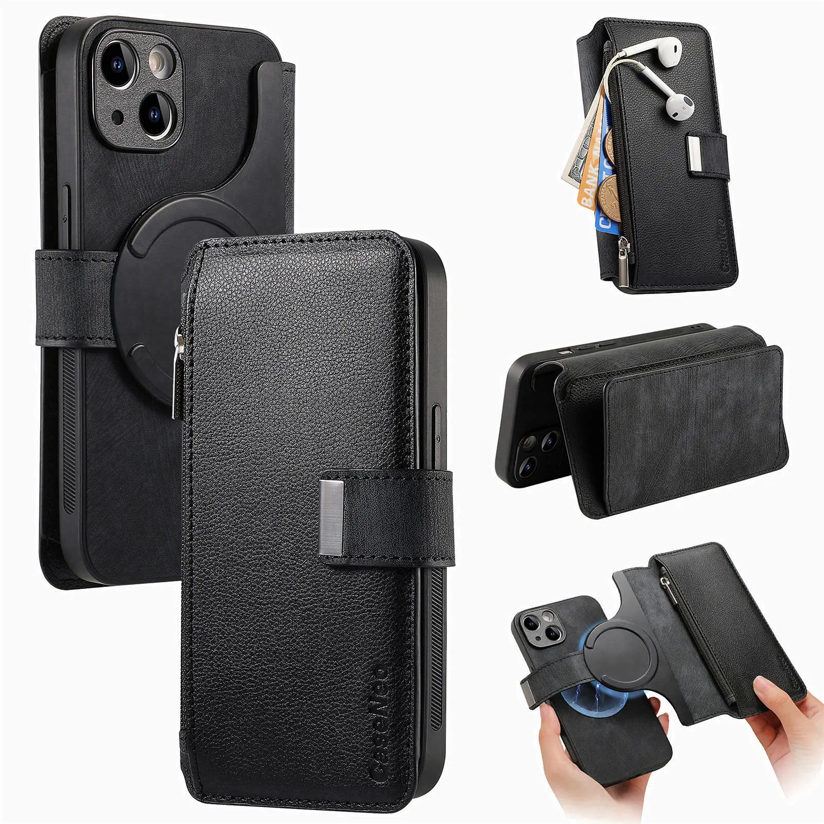 Color: Brown, Material: tpu - With Magsafe Wallet Case For Xiaomi Poco X6 X5 X3 M6 M5S M4 M3 F6 F5 Pro F3 C31 Zipper Leather Multi 6 Card Slot Removable Cover
