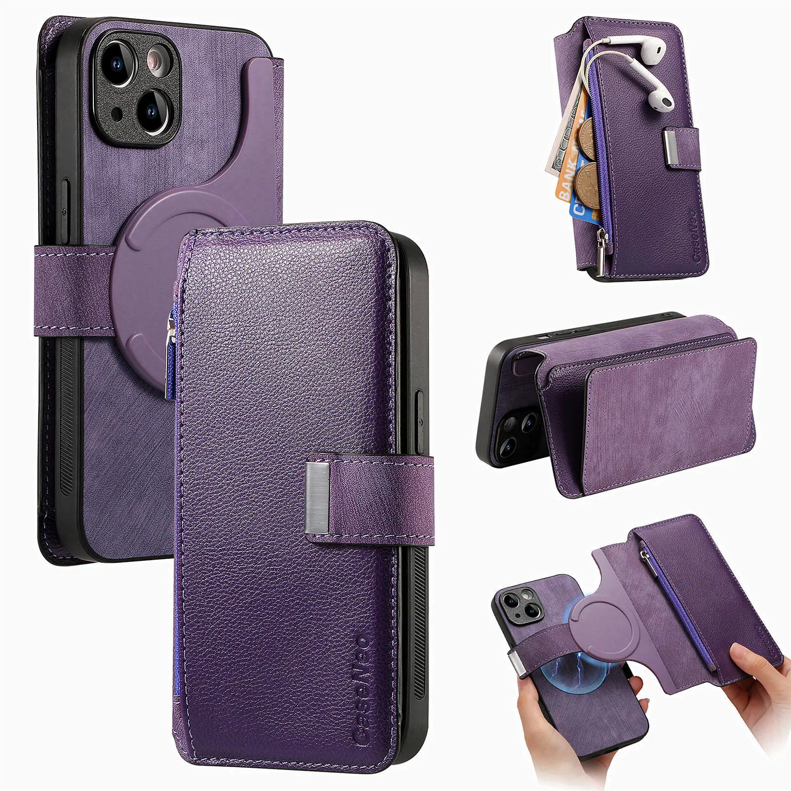 Color: Brown, Material: tpu - With Magsafe Wallet Case For Xiaomi Poco X6 X5 X3 M6 M5S M4 M3 F6 F5 Pro F3 C31 Zipper Leather Multi 6 Card Slot Removable Cover