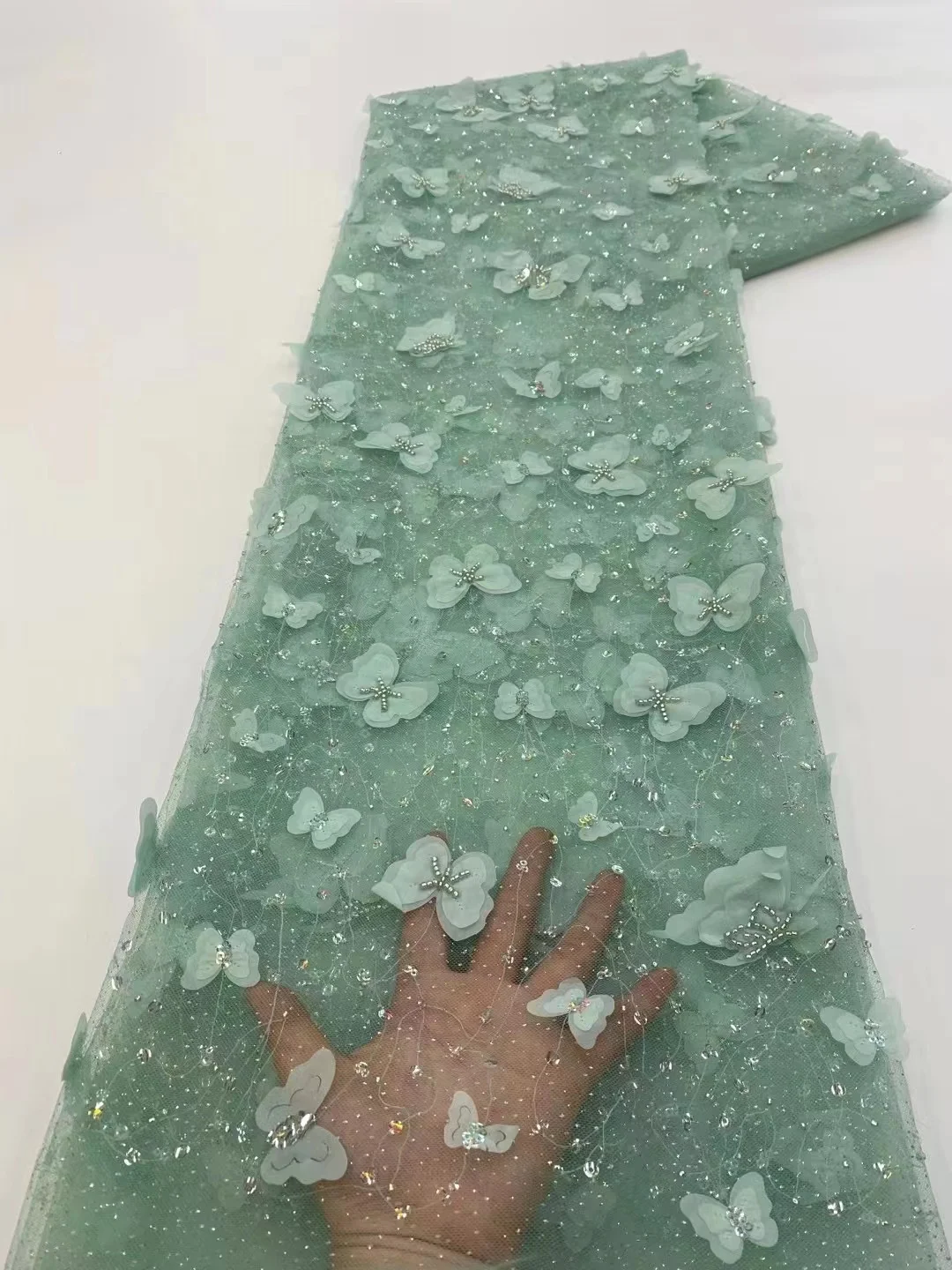 Color: green, Length: 5 yards, Width: 120cm - African 3D Beaded Lace Fabric Luxury Bridal 2025 High Quality Nigerian Applique French Tulle Fabric For Wedding Sewing