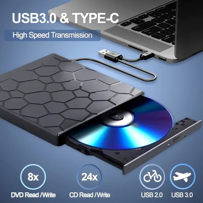 8-in-1 Ultra-Slim Portable External CD/DVD Drive - High-Speed USB 3.0 DVD Player and CD Burner for Laptop and Desktop