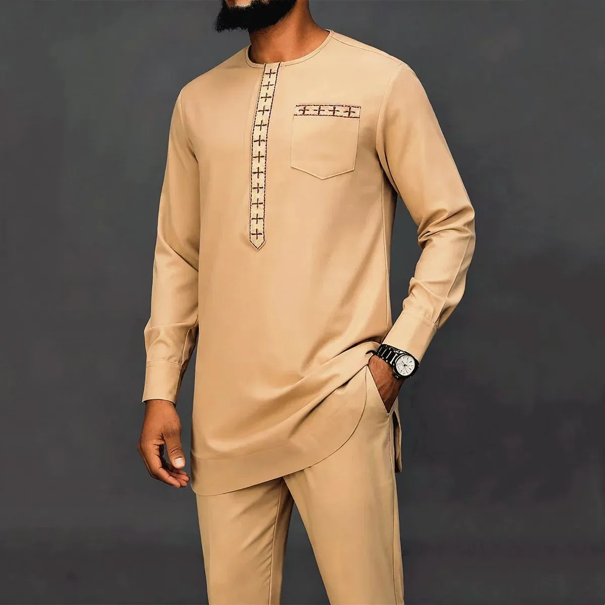 Color: PURPLE, Size: 4XL - New Men's Tenos Wedding 2-Piece Suit Waist Pants Shirt Solid Color Panel Long Sleeve Party African Ethnic Style Clothing (M-4XL)
