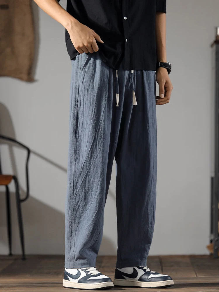 Color: Champagne, Size: 4XL - Japenese Cotton Linen Pants Men Summer Straight Casual Ice Silk Sweatpants Male Wide leg Oversize Linen Trousers 2024 New
