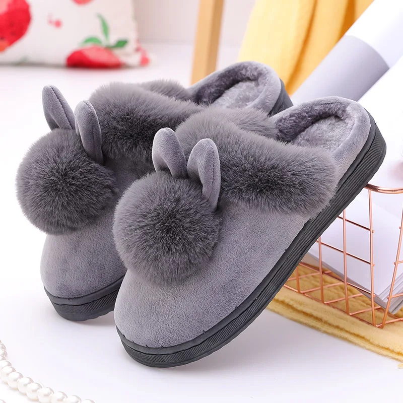 Color: Peacock Green, Shoe Size: 33.5 - 2023 Autumn Winter Women Men Cotton Slippers Rabbit Ear Home Indoor Home Slides Warm Shoes Women'S Cute Plus Plush Slippers