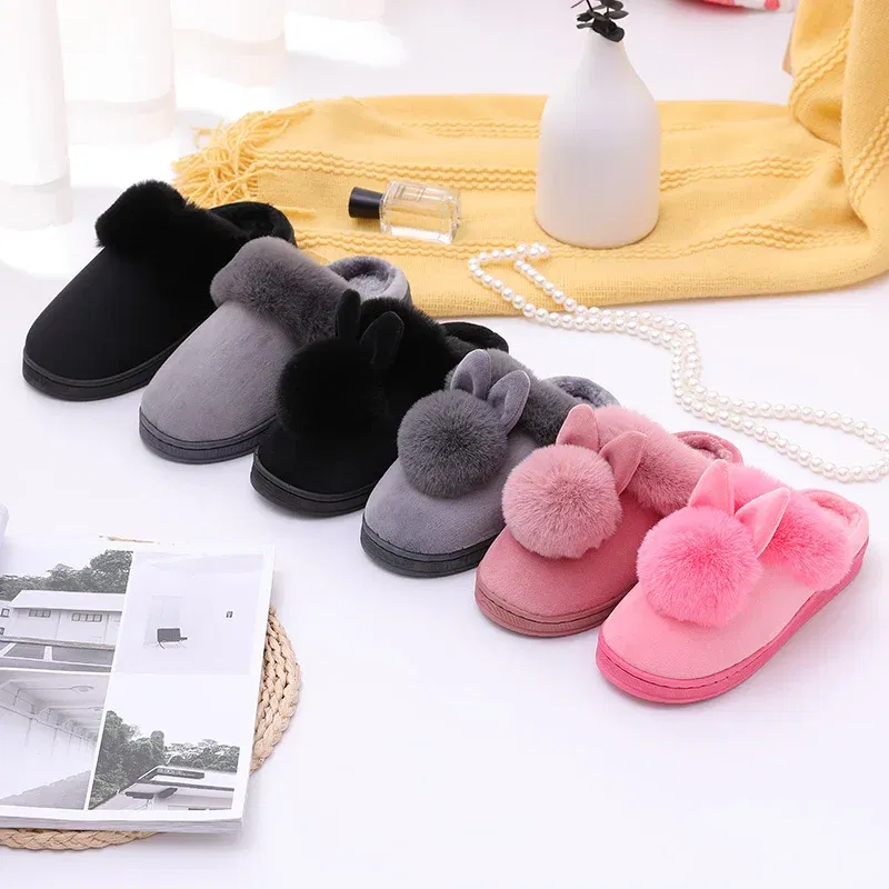 Color: Peacock Green, Shoe Size: 33.5 - 2023 Autumn Winter Women Men Cotton Slippers Rabbit Ear Home Indoor Home Slides Warm Shoes Women'S Cute Plus Plush Slippers