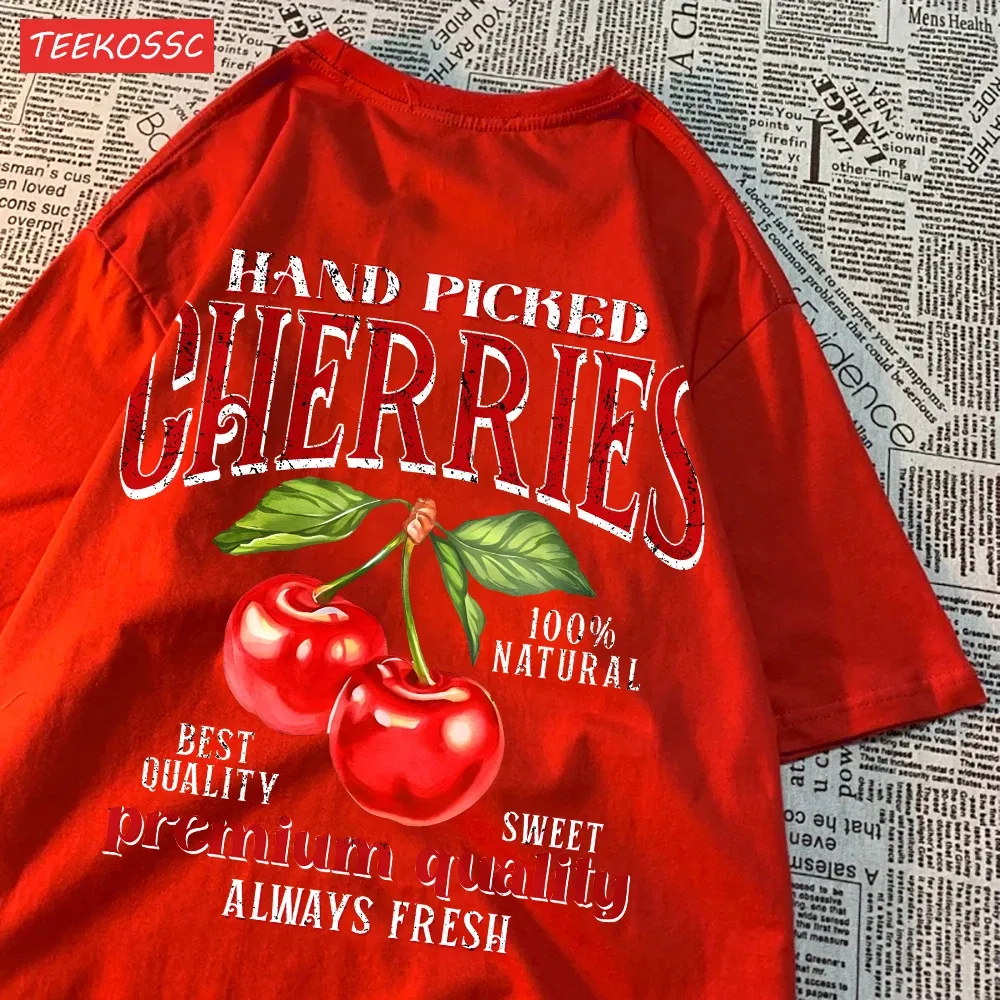 Color: Gold, Size: S - Summer Lemon Cherries Prints T-Shirts Cotton Women's Tops Oversize O-Neck Soft Short Sleeve tees Street Casual Womans Clothes