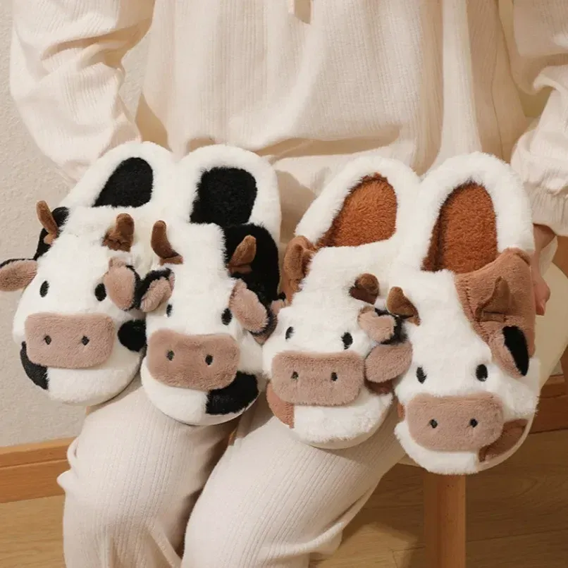 Color: Beige, Shoe Size: 4 - Cartoon Plush Cotton Slippers Women's Indoor Home Winter Cow Cotton Slippers Cute Autumn Winter Cotton Slippers Thick Soles