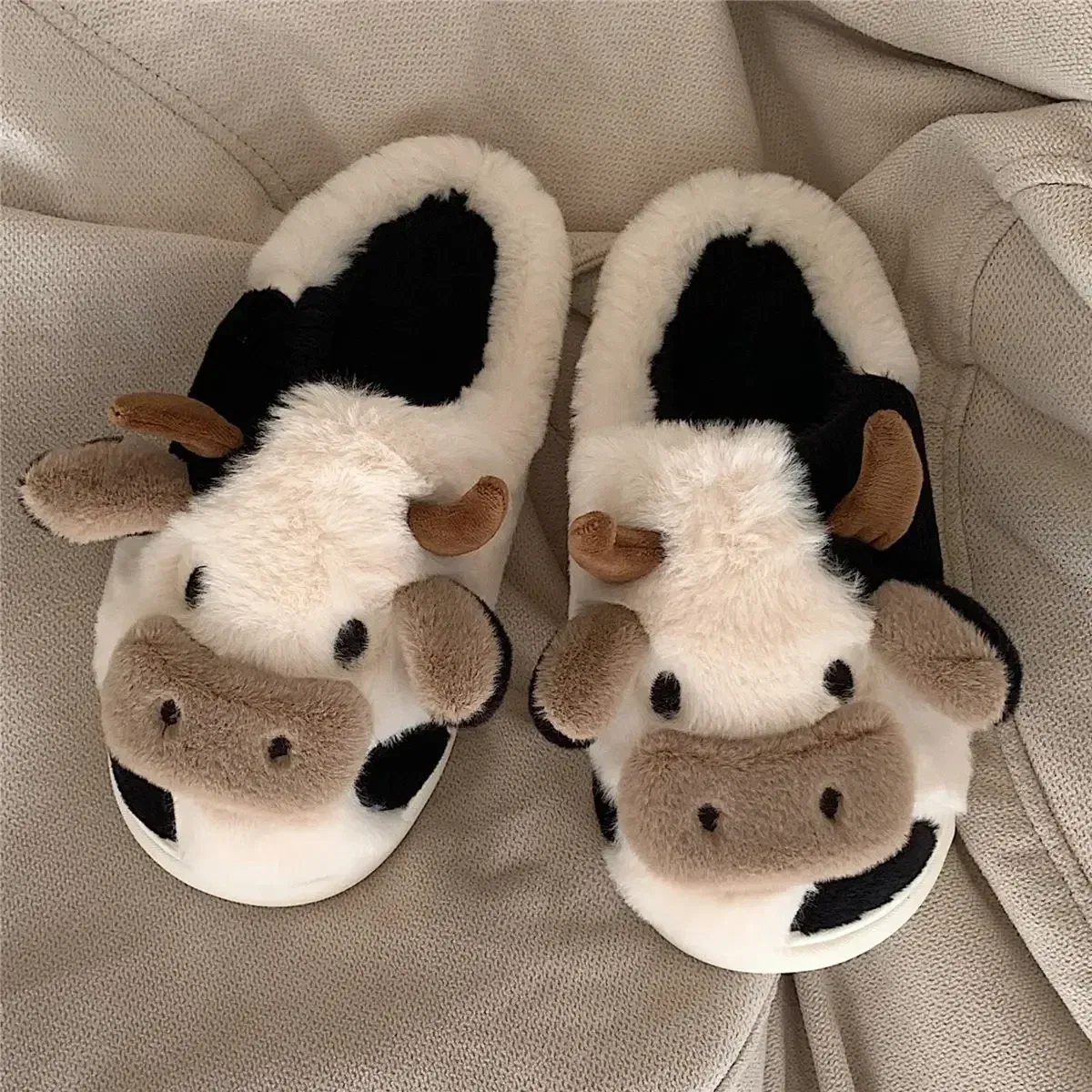 Color: Beige, Shoe Size: 4 - Cartoon Plush Cotton Slippers Women's Indoor Home Winter Cow Cotton Slippers Cute Autumn Winter Cotton Slippers Thick Soles