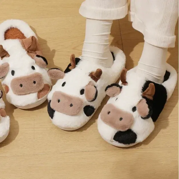 Color: Beige, Shoe Size: 4 - Cartoon Plush Cotton Slippers Women's Indoor Home Winter Cow Cotton Slippers Cute Autumn Winter Cotton Slippers Thick Soles