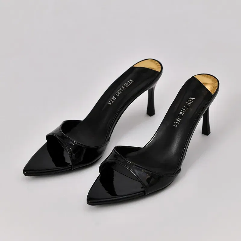 Color: Khaki, Shoe Size: 34 - Pointed Stiletto Heels Women Pumps Patent Leather 2024 Summer Designer Mule Sandals Elegant Sexy Office High Heels Women Shoes