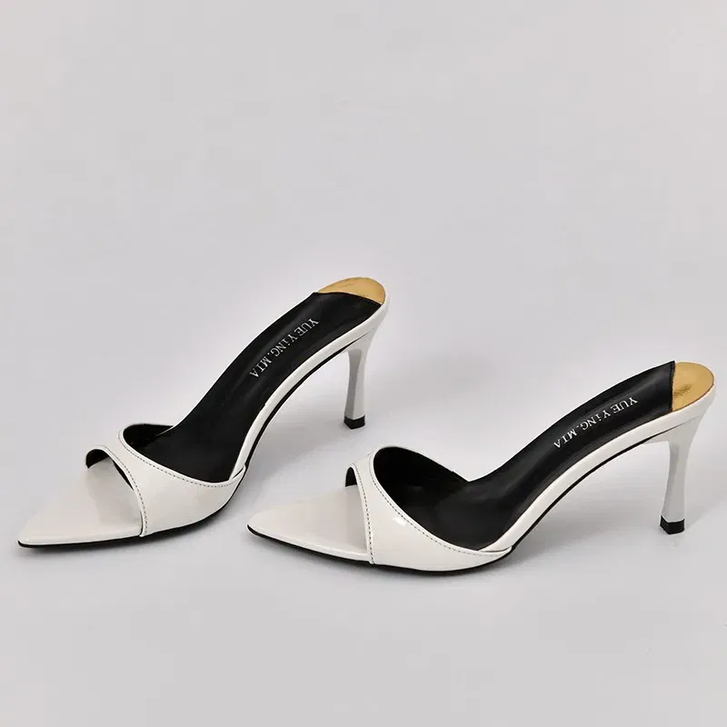 Color: Khaki, Shoe Size: 34 - Pointed Stiletto Heels Women Pumps Patent Leather 2024 Summer Designer Mule Sandals Elegant Sexy Office High Heels Women Shoes