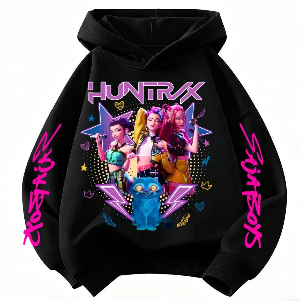Color: black, Kid Size: 6 - Demone Hunter Girl's Pink Hooded Streetwear Autumn Cute Anime Baby Pullover Kids Y2K Kawaii Long Sleeved T-shirt Casual Clothes