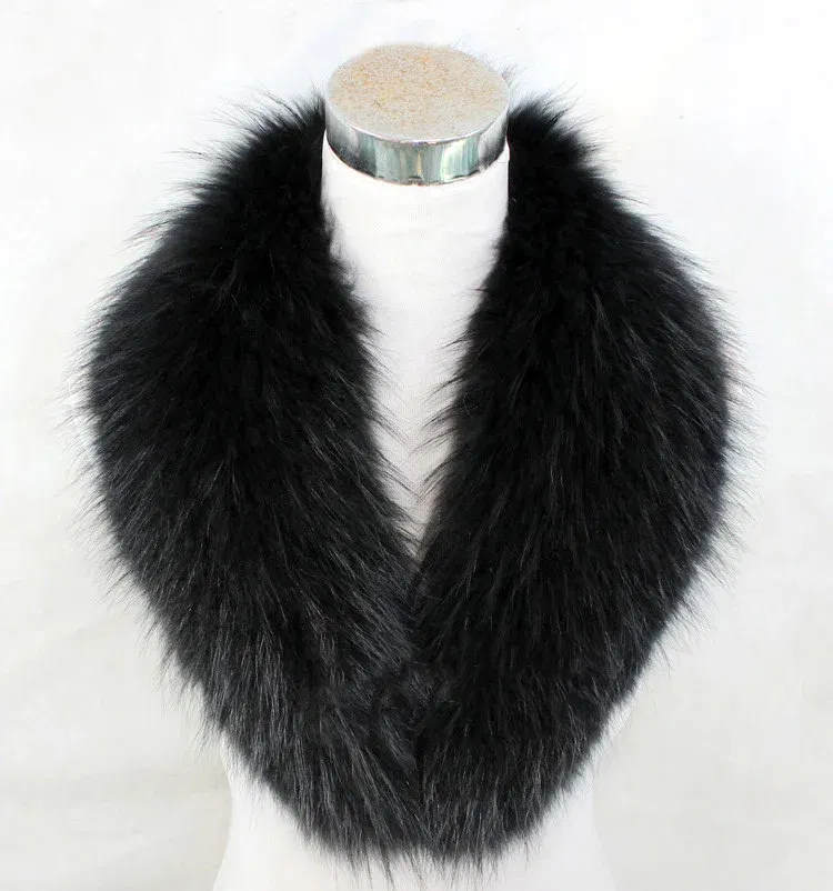 Color: black, Size: S - Winter Real Fox Fur Collar Woman Furry Natural Raccoon Fur Scarf Shawls Luxury Neck Warmer Wraps For Coat Fur Scarves Large Size
