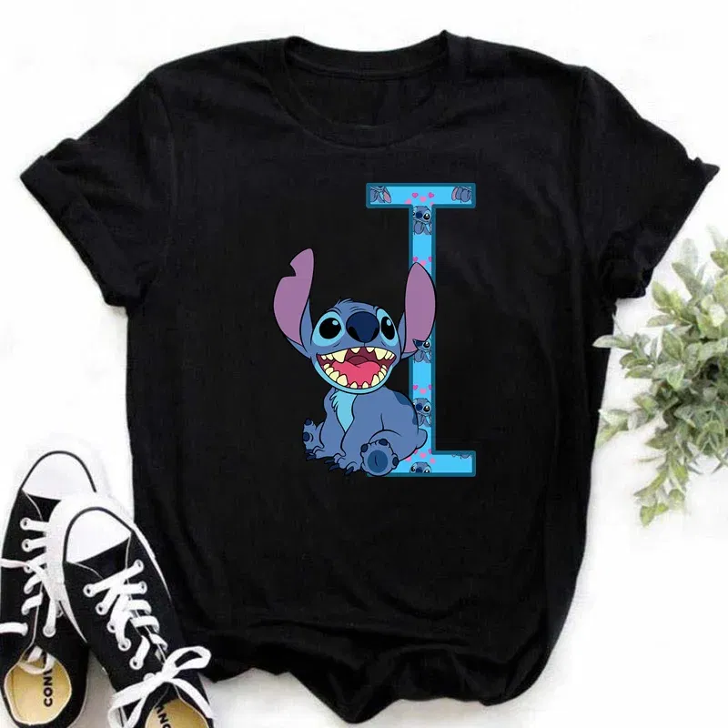 Color: Ivory, Size: XL - Disney Lilo&Stitch A-Z Alphabet Summer Women's Printed T-Shirt Women's Casual Tops T-Shirt Fashion Cartoon Plus Size T-Shirt